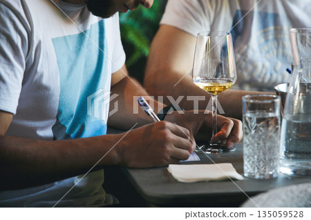 Sommelier school. Professional wine waiters are trained, close up. Winemaking courses, wine tasting. Sommelier school. Professional wine waiters are trained, close up. Winemaking courses, wine tasting. 135059528