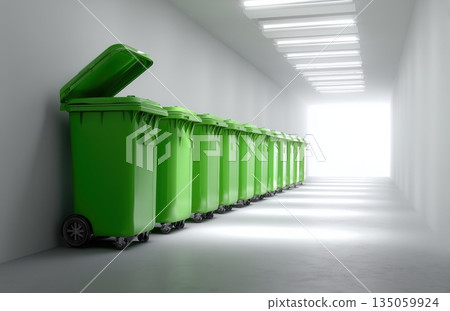 Row of green recycling bins in bright corridor with open lid 135059924