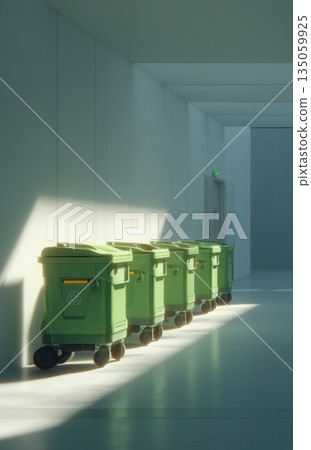 Row of green recycling bins in bright corridor with sunlight Row of green recycling bins in bright corridor with sunlight 135059925