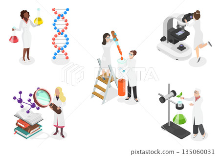 3D Isometric Flat Set of Scientific Women, Science Research Scenes 3D Isometric Flat Set of Scientific Women, Science Research Scenes 135060031