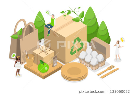 3D Isometric Flat  Illustration of Recyclable Sustainable Packaging, Biodegradable Materials 135060032