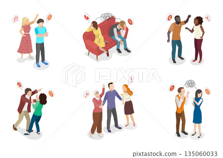 3D Isometric Flat  Illustration of Couple Conflict Scenes, Miscommunication And Understanding Issues 135060033