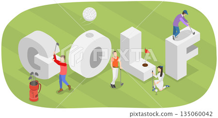 3D Isometric Flat Illustration of Golf Banner, Golfers In Action 3D Isometric Flat Illustration of Golf Banner, Golfers In Action 135060042