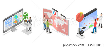 3D Isometric Flat  Illustration of Studying Data for Weather Forecasting, Meteorology Scenes 135060049