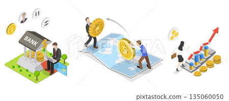 3D Isometric Flat  Illustration of Market Analysis, Finances Management Service 135060050