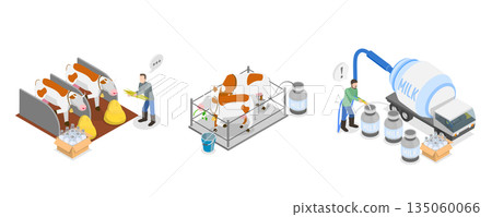 3D Isometric Flat  Illustration of Dairy Livestock, Milk Products Production 135060066