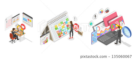 3D Isometric Flat  Illustration of Social Media Marketing, Communication, Promotion Strategy 135060067