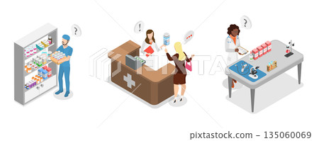 3D Isometric Flat  Illustration of Distribution of Pharm Products , Pharmacy Store 135060069