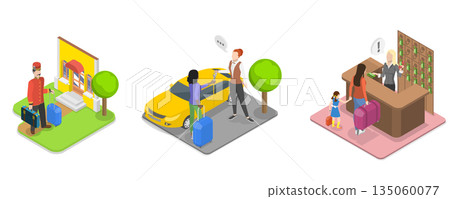 3D Isometric Flat  Illustration of Hotel Services, Hospitality Business 135060077