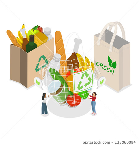 3D Isometric Flat  Illustration of Reusable Containers, Eco-Friendly Packaging With Recyclable Bag For Sustainability. 135060094