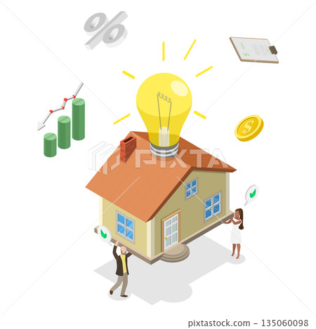 3D Isometric Flat Illustration of Energy Consumption Lowering, Reduce, Reuse, Recycle 3D Isometric Flat Illustration of Energy Consumption Lowering, Reduce, Reuse, Recycle 135060098