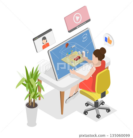 3D Isometric Flat  Illustration of Virtual Open House, Real Estate Tour 135060099