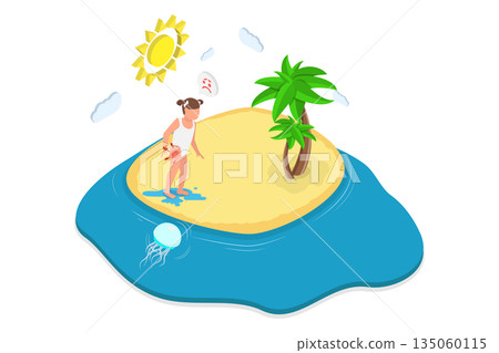 3D Isometric Flat  Illustration of Dangers Of The Sea, Child Endures Jellyfish Attack 135060115
