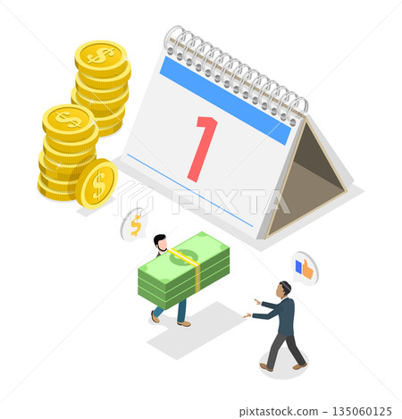 3D Isometric Flat  Illustration of Salary Payment Date, Financial Bill Calendar 135060125