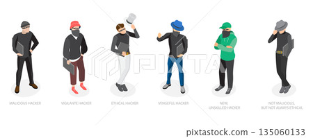 3D Isometric Flat  Illustration of Hackers Classification, Digital Security, Online Threats 135060133