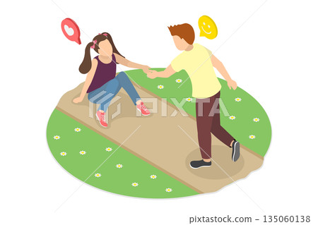3D Isometric Flat  Illustration of Good Behavior Example, Compassionate Boy Supports Friend After Fall 135060138