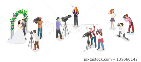 3D Isometric Flat  Illustration of Photo And Video Shooting, Paparazzi, Journalism Events 135060142