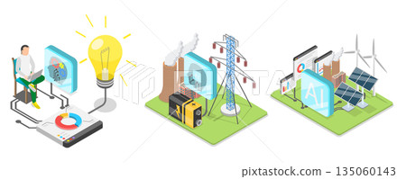 3D Isometric Flat  Illustration of Artificial Intelligence In Energy Production, AI-Power Consumption 135060143