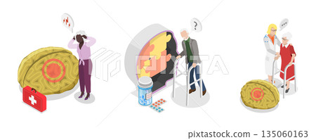 3D Isometric Flat  Illustration of Age Related Changes, Elderly Brain Activity Problems 135060163