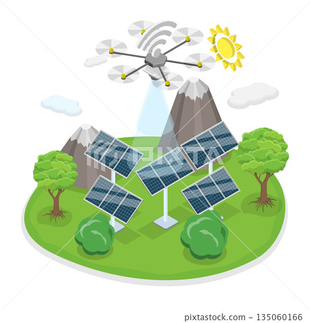 3D Isometric Flat Illustration of Drone Inspector, Automatic Technical Checkup 3D Isometric Flat Illustration of Drone Inspector, Automatic Technical Checkup 135060166