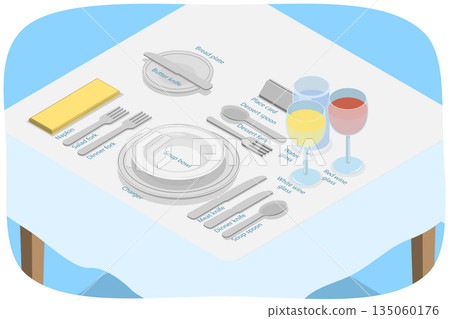 3D Isometric Flat Illustration of Table Setting, Rules of Conduct with Cutlery 3D Isometric Flat Illustration of Table Setting, Rules of Conduct with Cutlery 135060176