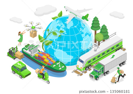 3D Isometric Flat Illustration of Green Logistics, Eco-Friendly Logistics And Sustainable Delivery Concept 3D Isometric Flat Illustration of Green Logistics, Eco-Friendly Logistics And Sustainable Delivery Concept 135060181