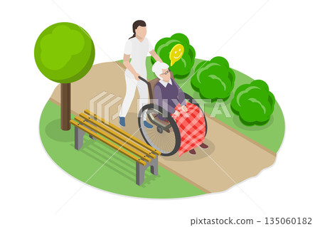 3D Isometric Flat Illustration of Elderly Care, Caring For Disabled Elderly Individuals 3D Isometric Flat Illustration of Elderly Care, Caring For Disabled Elderly Individuals 135060182