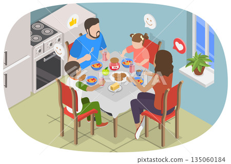 3D Isometric Flat  Illustration of Breakfast Together, Joyful Family Sharing Mealtime the Comfort Of Their Home 135060184