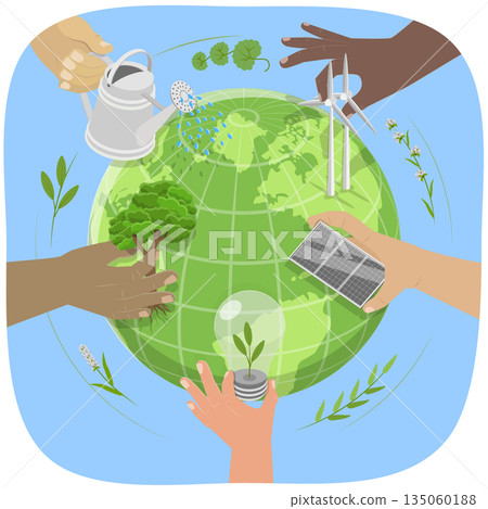 3D Isometric Flat  Illustration of Taking Care About Earth, Preventing Climate Change And Protecting Earth 135060188