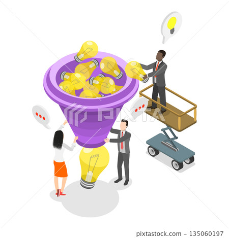 3D Isometric Flat Illustration of Research or Discover New Idea, Brainstorming With Business People To Cultivate Inspirational Solutions Through Idea Funnel 3D Isometric Flat Illustration of Research or Discover New Idea, Brainstorming With Business People To Cultivate Inspirational Solutions Through Idea Funnel 135060197