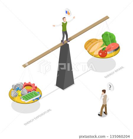3D Isometric Flat Illustration of Control of Food Intake, Diagram Illustration Of Energy Balance Through Daily Calories Intake And Expenditure 3D Isometric Flat Illustration of Control of Food Intake, Diagram Illustration Of Energy Balance Through Daily Calories Intake And Expenditure 135060204