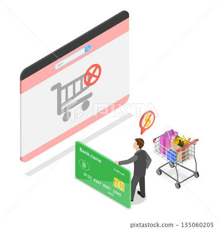 3D Isometric Flat  Illustration of Exit and Deny Transaction, Abandoned Shopping Cart 135060205
