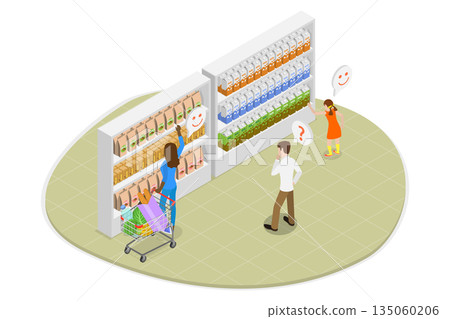 3D Isometric Flat  Illustration of Family Buying Food, People at Supermarket 135060206