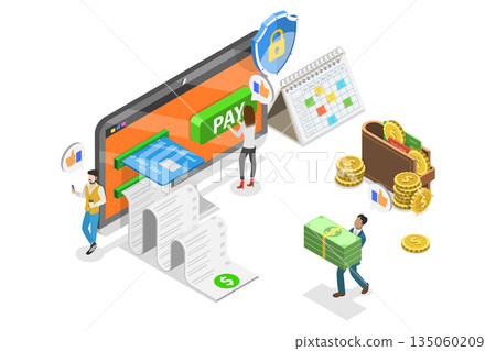 3D Isometric Flat  Illustration of Online Bill Payment, Electronic Invoice 135060209