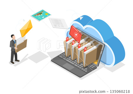 3D Isometric Flat Illustration of Electronic Archive, Transfing Information To Digital Storage For Safekeeping 3D Isometric Flat Illustration of Electronic Archive, Transfing Information To Digital Storage For Safekeeping 135060218