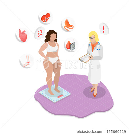 3D Isometric Flat  Illustration of Health Care, Obese Patient Attending Physician Appointment 135060219