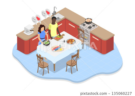 3D Isometric Flat  Illustration of Having Fun Cooking Together, Husband and Wife Preparing Food 135060227