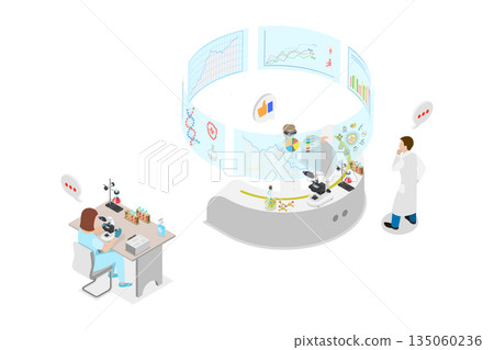 3D Isometric Flat  Illustration of Innovations In Laboratory Research, Scientist In Virtual Reality Headset Embracing The Future 135060236