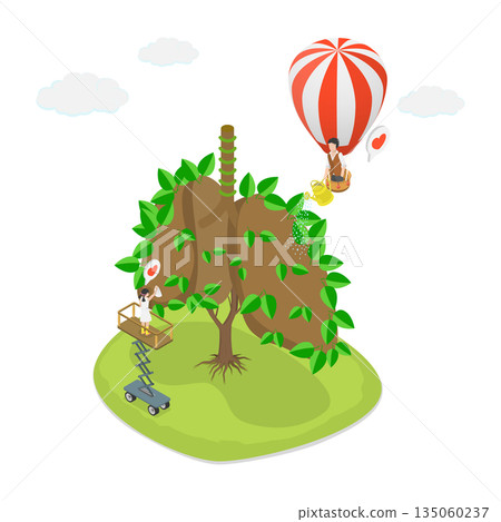 3D Isometric Flat  Illustration of Air Purification, Fresh Air For Healthy Respiratory System 135060237