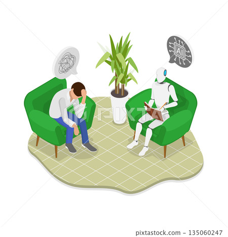 3D Isometric Flat Illustration of Mental Health Treatment, AI Psychologist Robot Providing Therapy To A Depressed Patient 3D Isometric Flat Illustration of Mental Health Treatment, AI Psychologist Robot Providing Therapy To A Depressed Patient 135060247