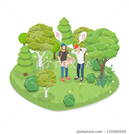 3D Isometric Flat Illustration of Lost Tourists, Man Wanders Through Forest, Recalling Path To Home Or Highway 3D Isometric Flat Illustration of Lost Tourists, Man Wanders Through Forest, Recalling Path To Home Or Highway 135060248