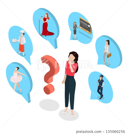 3D Isometric Flat Illustration of Choosing Career Path, Happy Woman Contemplating Career Options In Speech Bubbles. 3D Isometric Flat Illustration of Choosing Career Path, Happy Woman Contemplating Career Options In Speech Bubbles. 135060256
