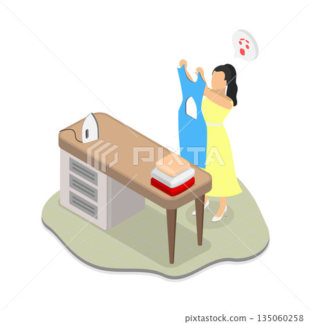 3D Isometric Flat  Illustration of Inaccurate Housekeeper, Inept Housewife Accidentally Burns Hole In Shirt And Seeks Advice On Repairing Mishap. 135060258