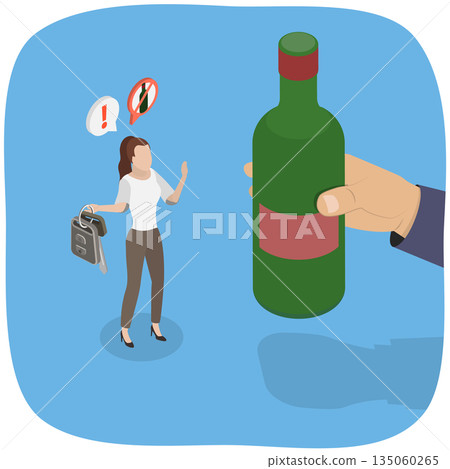 3D Isometric Flat Illustration of Sobriety , Female Driver Declines Alcohol, Holds Keys Beside Someone With A Beer Bottle In Hand. 3D Isometric Flat Illustration of Sobriety , Female Driver Declines Alcohol, Holds Keys Beside Someone With A Beer Bottle In Hand. 135060265