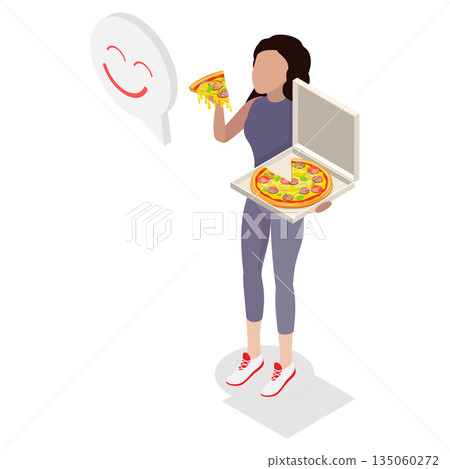 3D Isometric Flat Illustration of Pizza-lover, Woman Enjoys Italian Snack From Fast Food Restaurant While Holding Pizza Box. 3D Isometric Flat Illustration of Pizza-lover, Woman Enjoys Italian Snack From Fast Food Restaurant While Holding Pizza Box. 135060272
