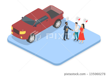 3D Isometric Flat  Illustration of Car Demonstration, Manager Showcasing Cars To Couple. 135060278