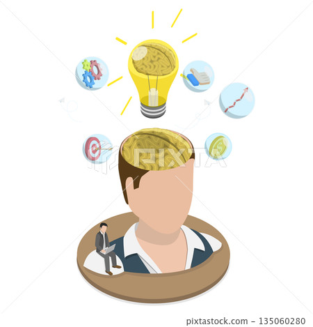 3D Isometric Flat  Illustration of Awareness and Mindfulness, Representation Of A Receptive Mind, Innovative Talents, And Artistic Capabilities. 135060280