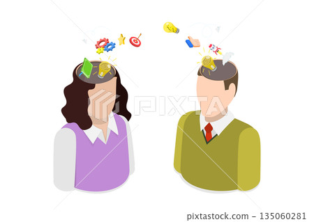 3D Isometric Flat  Illustration of Connected Mind Mechanisms of the Two People, Sharing Ideas And Knowledge Transfer In Employee Teamwork 135060281
