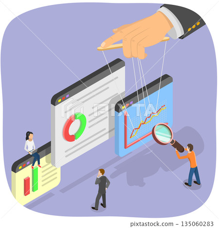 3D Isometric Flat Illustration of Market Manipulation, Manipulating Price, a Puppeteer Concept. 3D Isometric Flat Illustration of Market Manipulation, Manipulating Price, a Puppeteer Concept. 135060283