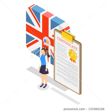 3D Isometric Flat Illustration of Graduation Provement, Woman Grinning With Graduation Certificate And British Flag In Background 3D Isometric Flat Illustration of Graduation Provement, Woman Grinning With Graduation Certificate And British Flag In Background 135060286